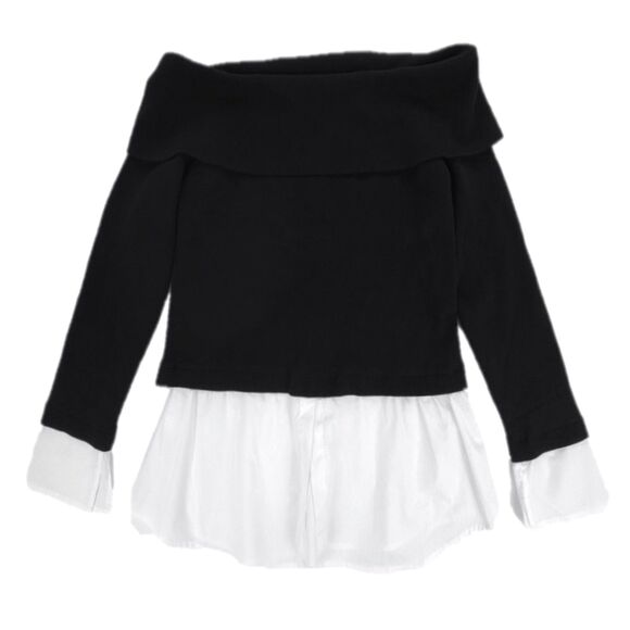 NWT Bebe Poplin Combo Fold Over Off Shoulder Sweater Top Black White French Girl - Picture 1 of 8